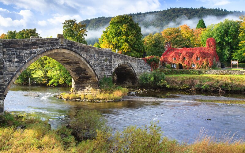 Stone Bridge over River — Green, Serene, Autumn, Photograph, Cottage