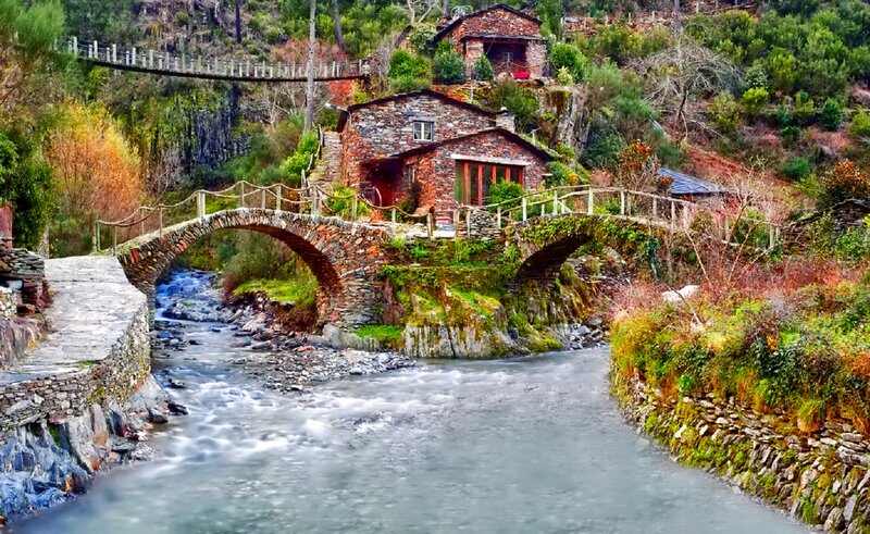 Stone Bridge over River — Green, Serene, Autumn, Photograph, House, Trees
