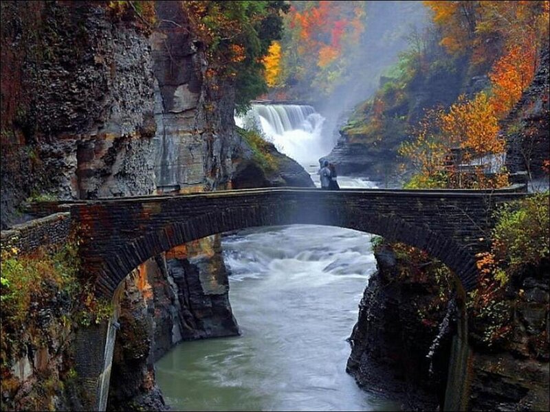 Stone Bridge over River — Green, Serene, Autumn, Photograph
