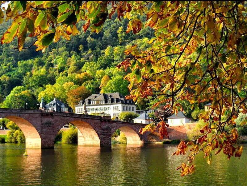 Stone Bridge over River — Green, Serene, Autumn, Photograph, Trees, Buildings