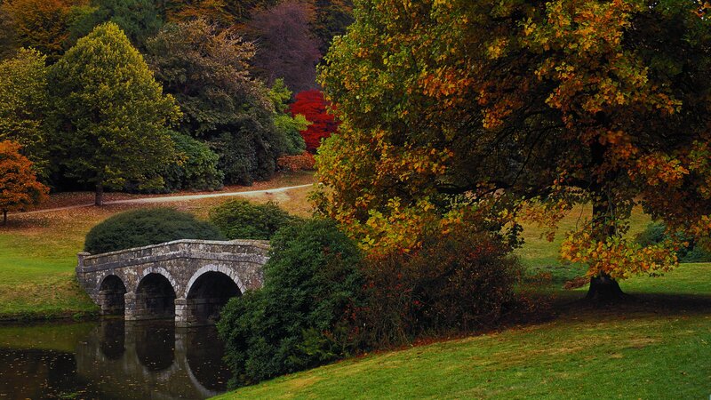 Stone Bridge over River — Green, Serene, Autumn, Photograph, Trees, Path, Bushes