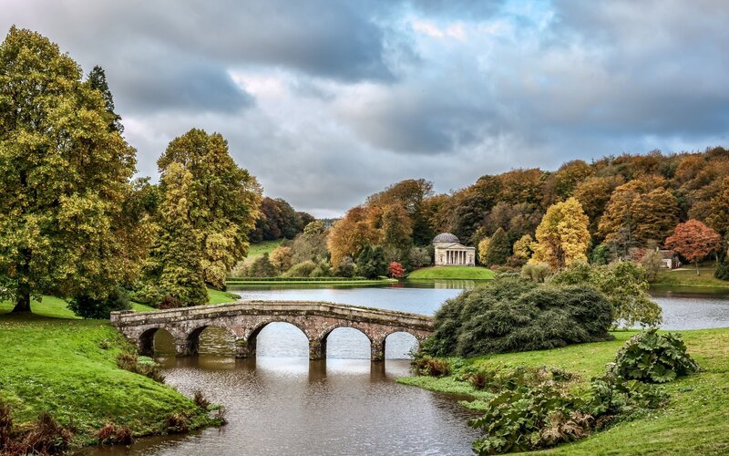 Stone Bridge over River — Green, Serene, Autumn, Photograph, Trees, Temple