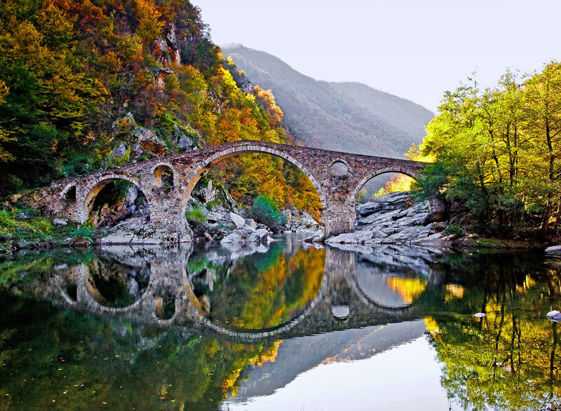 Stone Bridge over River — Green, Serene, Autumn