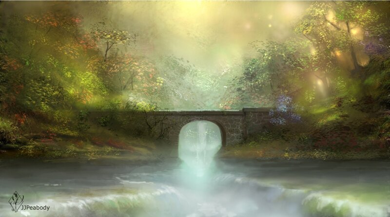 Stone Bridge over River — Green, Serene, Morning, Digital Art
