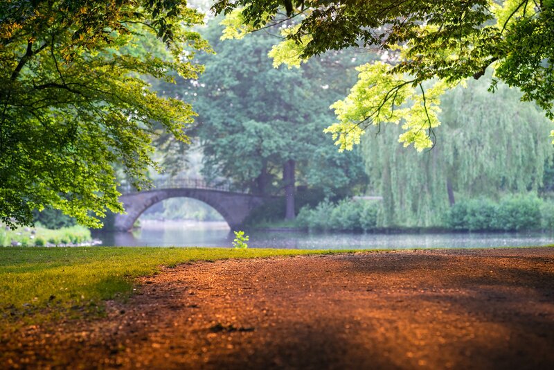 Stone Bridge over River — Green, Serene, Morning, Photograph, Trees, Path