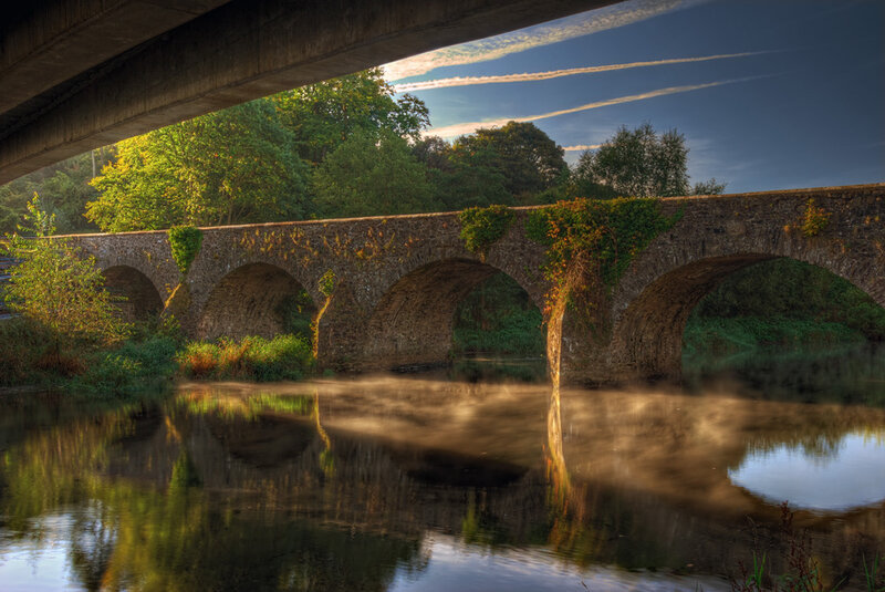 Stone Bridge over River — Green, Serene, Morning