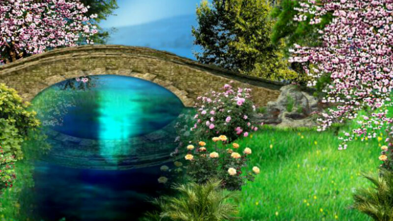 Stone Bridge over River — Green, Serene, Spring, Digital Art