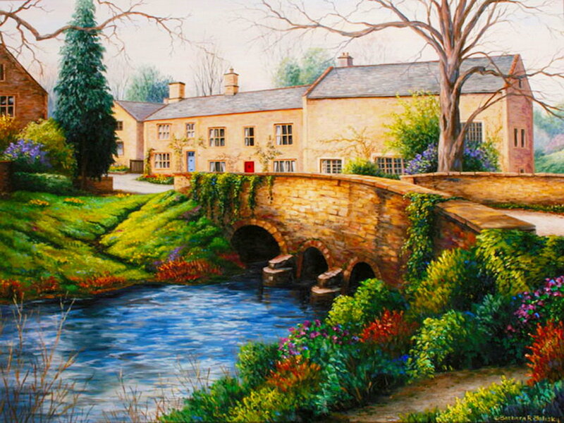 Stone Bridge over River — Green, Serene, Spring, Painting, House