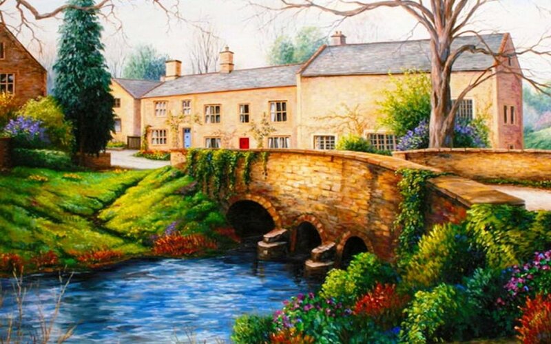 Stone Bridge over River — Green, Serene, Spring, Painting, House, Trees
