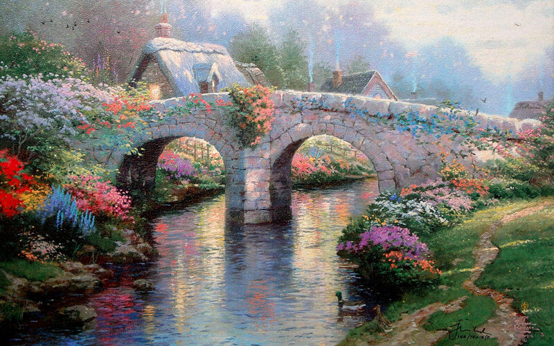 Stone Bridge over River — Green, Serene, Spring, Painting