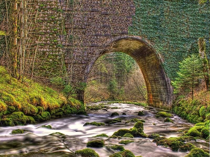 Stone Bridge over River — Green, Serene, Spring, Photograph, Moss