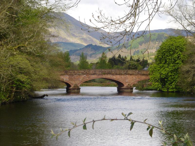 Stone Bridge over River — Green, Serene, Spring, Photograph, Mountains