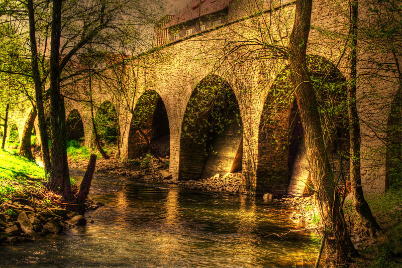 Stone Bridge over River — Green, Serene, Spring, Photograph