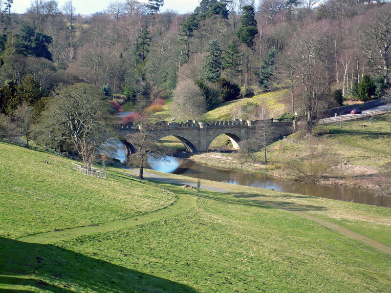 Stone Bridge over River — Green, Serene, Spring, Photograph, Trees, Car