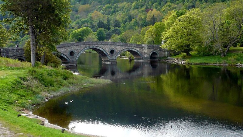Stone Bridge over River — Green, Serene, Spring, Photograph, Trees, Hills