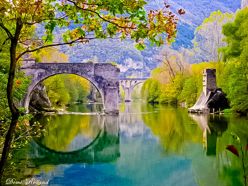 Stone Bridge over River — Green, Serene, Spring, Photograph, Trees, Mountains