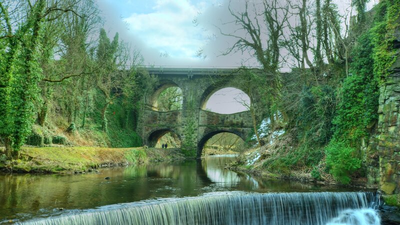 Stone Bridge over River — Green, Serene, Spring, Photograph, Trees, Weir
