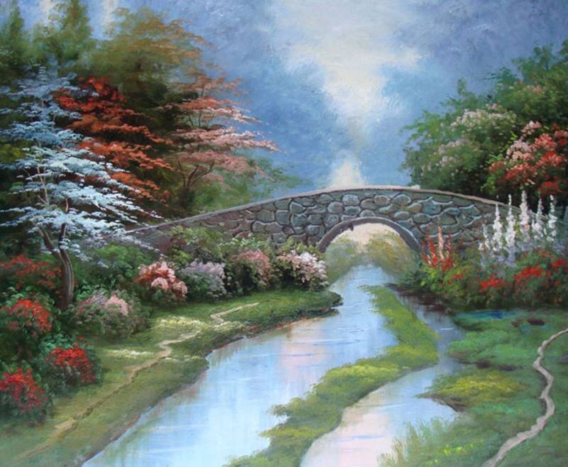 Stone Bridge over River — Green, Serene, Spring