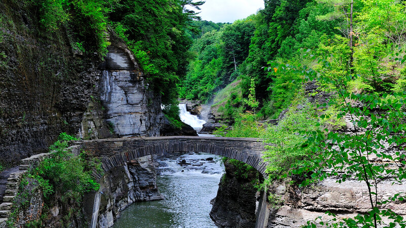 Stone Bridge over River — Green, Serene, Summer, Photograph