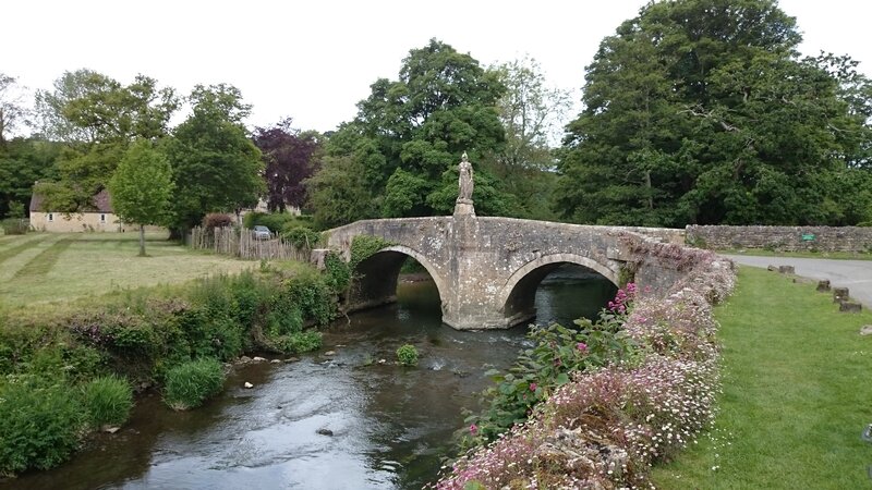 Stone Bridge over River — Green, Serene, Summer, Photograph, Trees