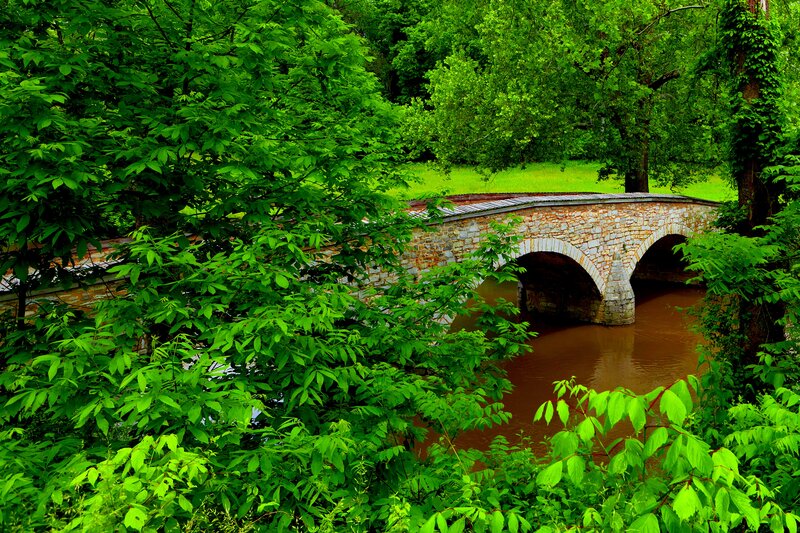 Stone Bridge over River — Green, Serene, Summer