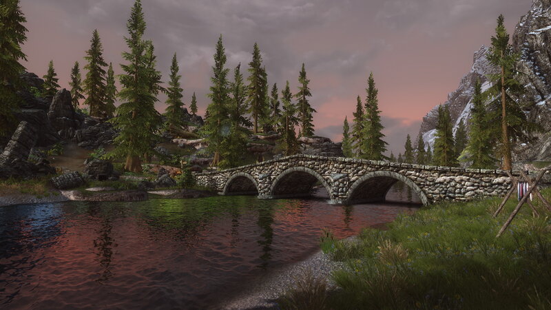 Stone Bridge over River — Green, Serene, Sunset, 3d Render