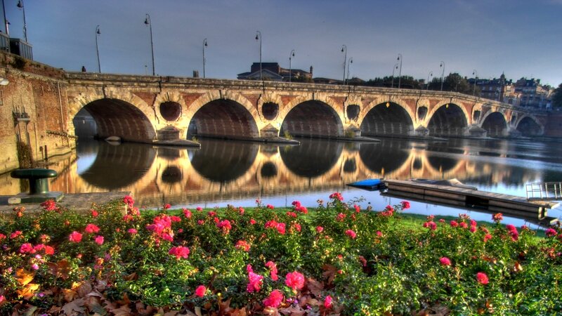 Stone Bridge over River — Green, Serene, Sunset, Photograph