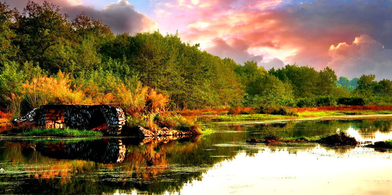 Stone Bridge over River — Green, Serene, Sunset