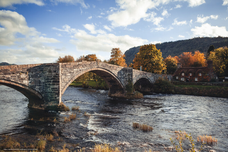 Stone bridge over river in autumn