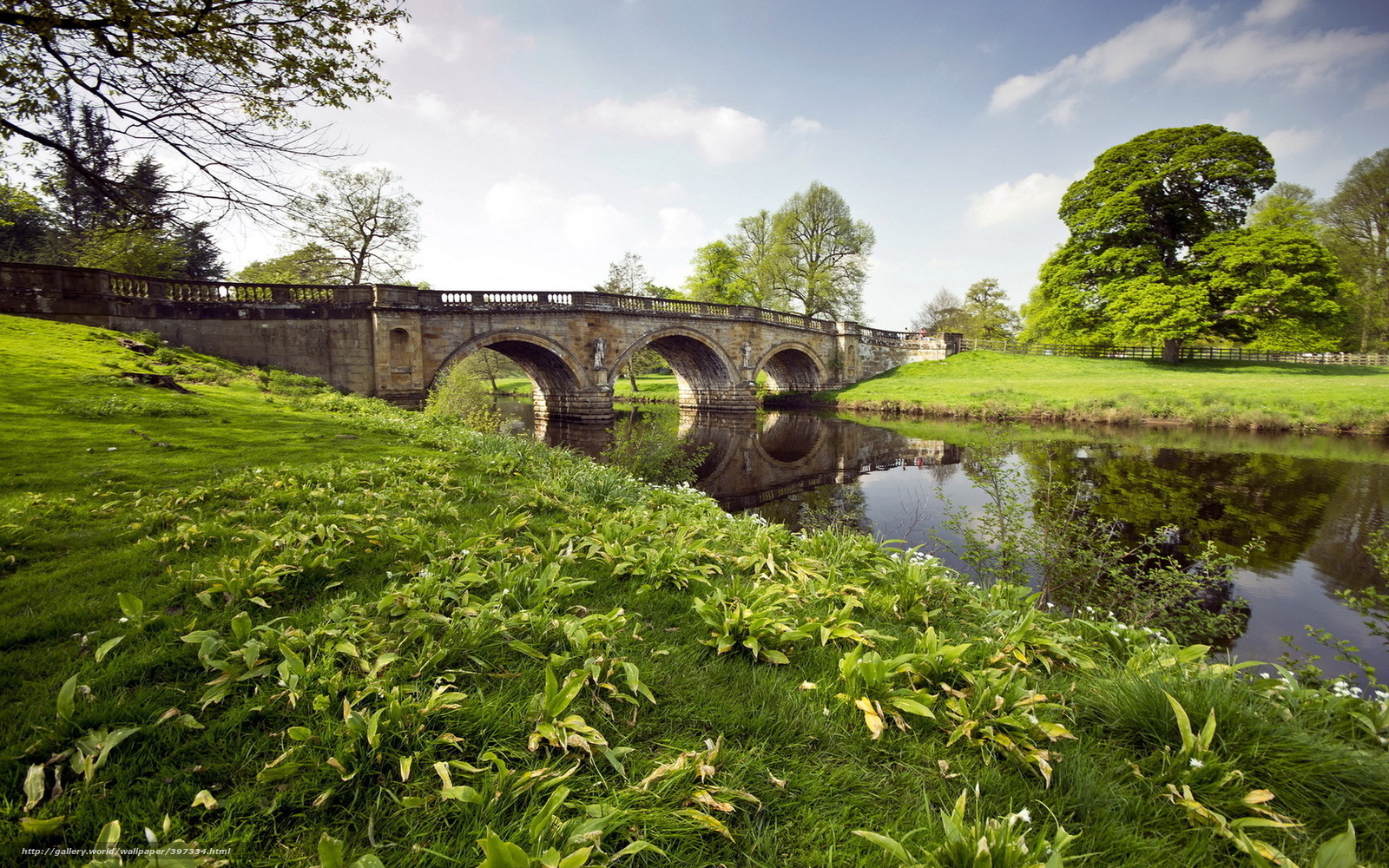 Stone bridge over river in park