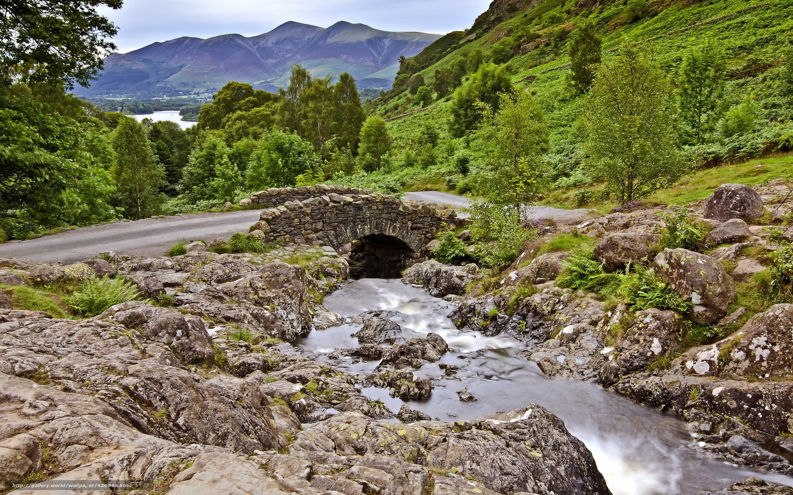 Stone bridge over river in valley