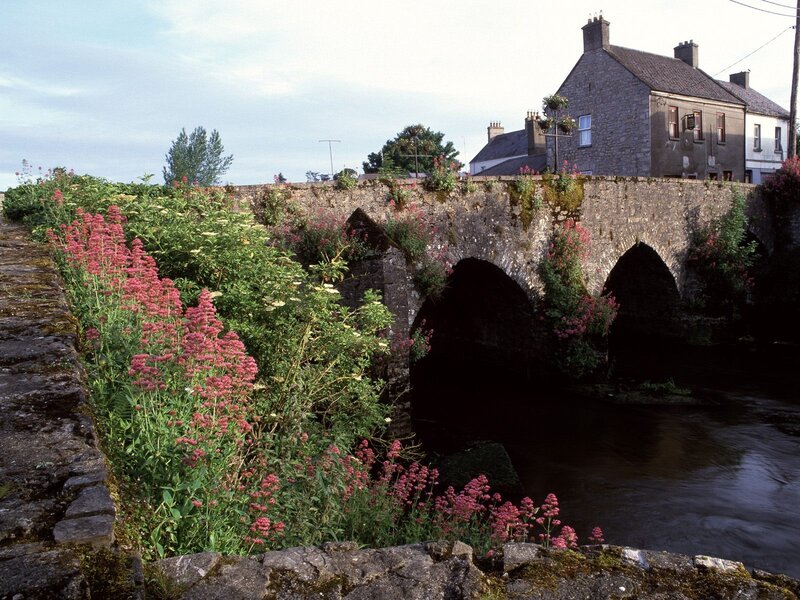 Stone bridge over river in village