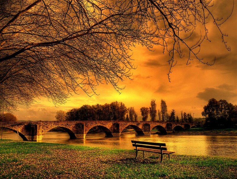 Stone Bridge over River — Orange, Dramatic, Sunset