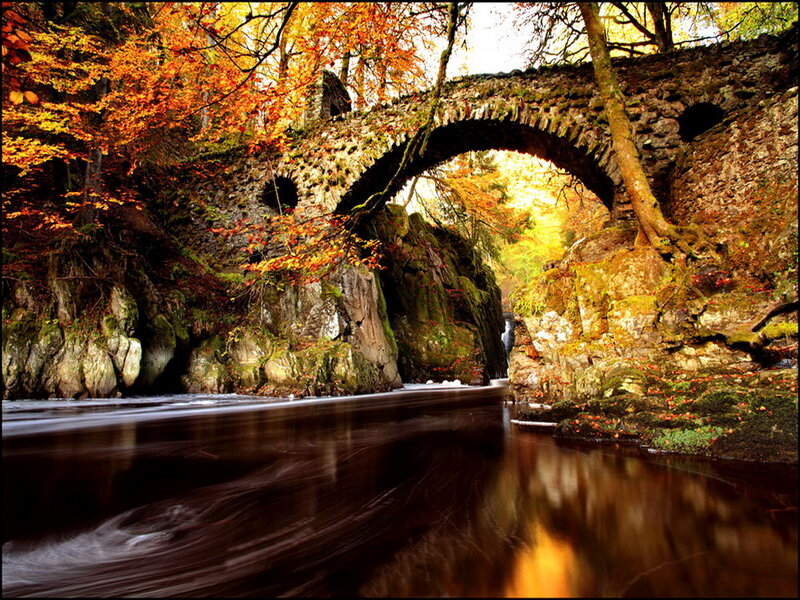 Stone Bridge over River — Orange, Serene, Autumn, Photograph
