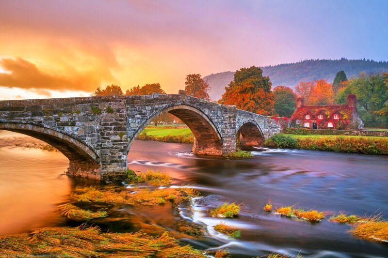 Stone Bridge over River — Orange, Serene, Sunset, Photograph
