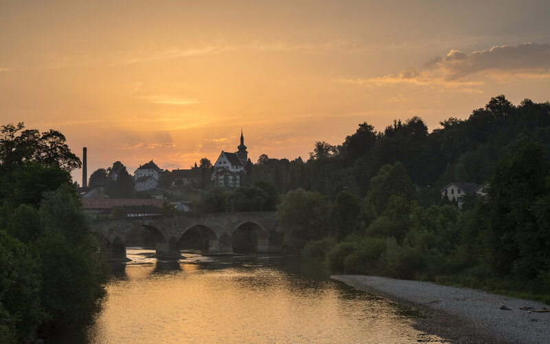 Stone Bridge over River — Orange, Serene, Sunset