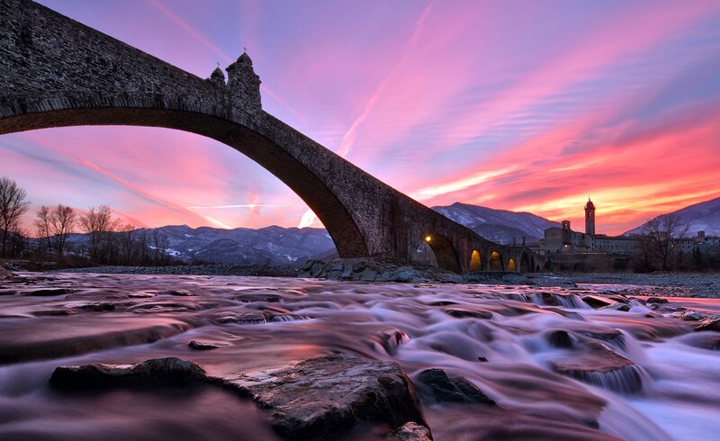 Stone Bridge over River — Pink, Dramatic