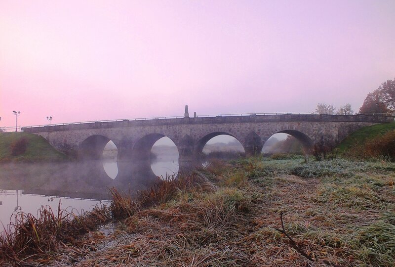 Stone Bridge over River — Pink, Serene