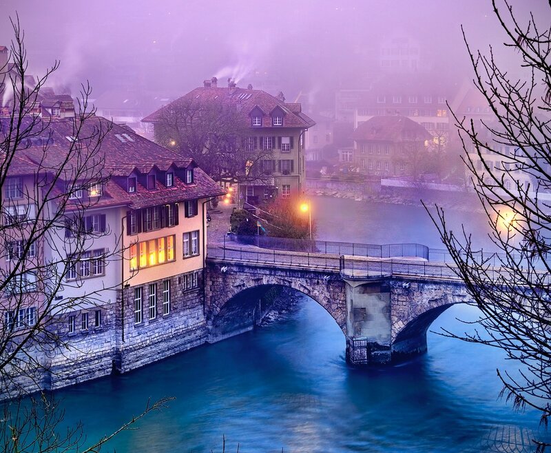 Stone Bridge over River — Purple, Misty, Night, Photograph