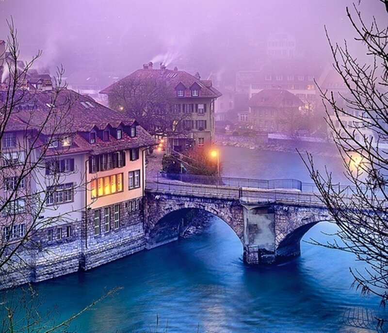 Stone Bridge over River — Purple, Misty, Night