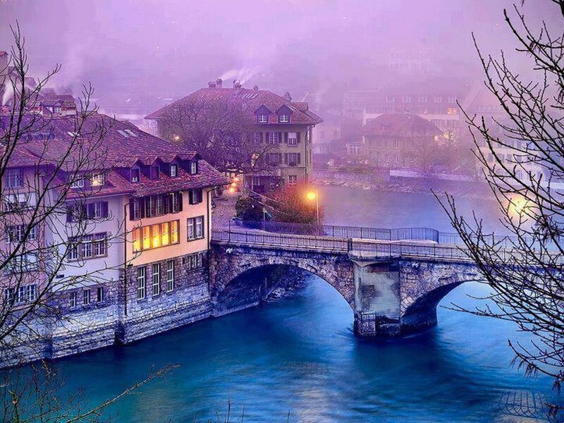Stone Bridge over River — Purple, Misty
