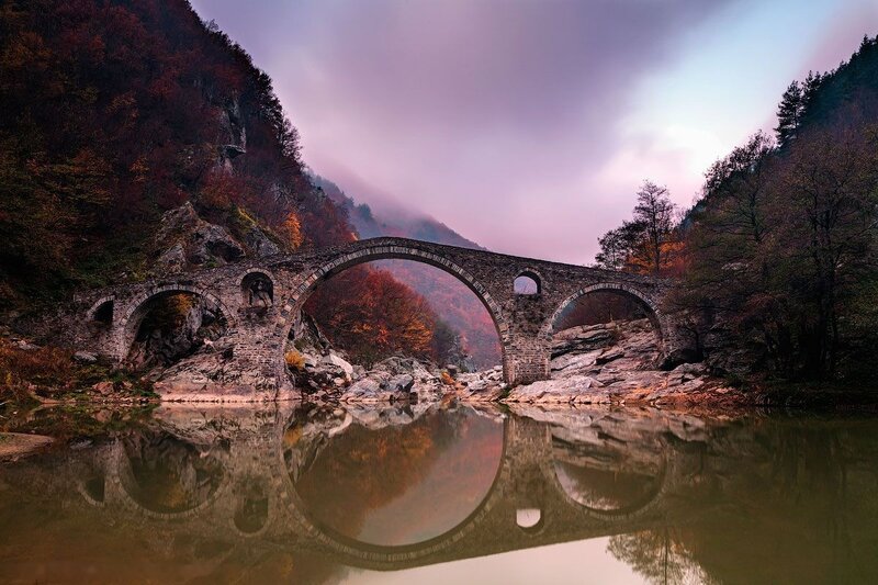 Stone Bridge over River — Purple, Serene, Autumn