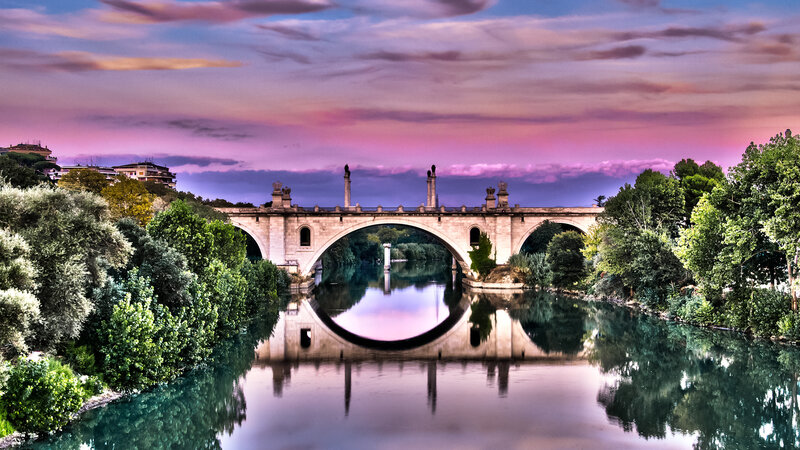 Stone Bridge over River — Purple, Serene, Sunset, Photograph