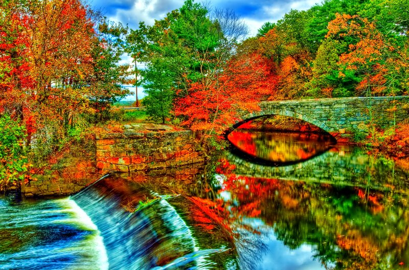 Stone Bridge over River — Red, Serene, Autumn, Photograph