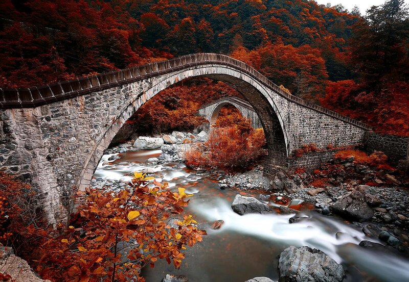 Stone Bridge over River — Red, Serene, Autumn, Photograph, Trees