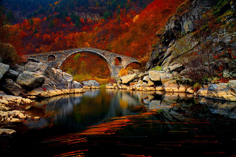 Stone Bridge over River — Red, Serene