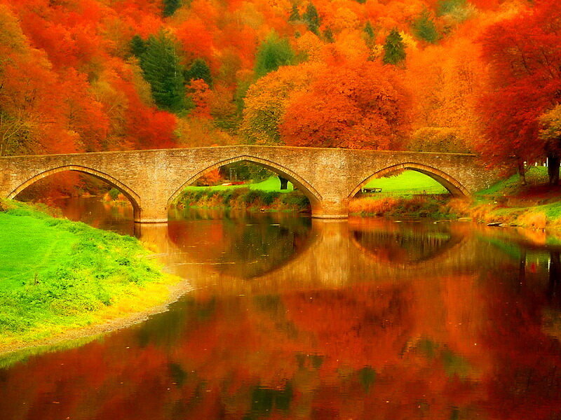 Stone Bridge over River — Red