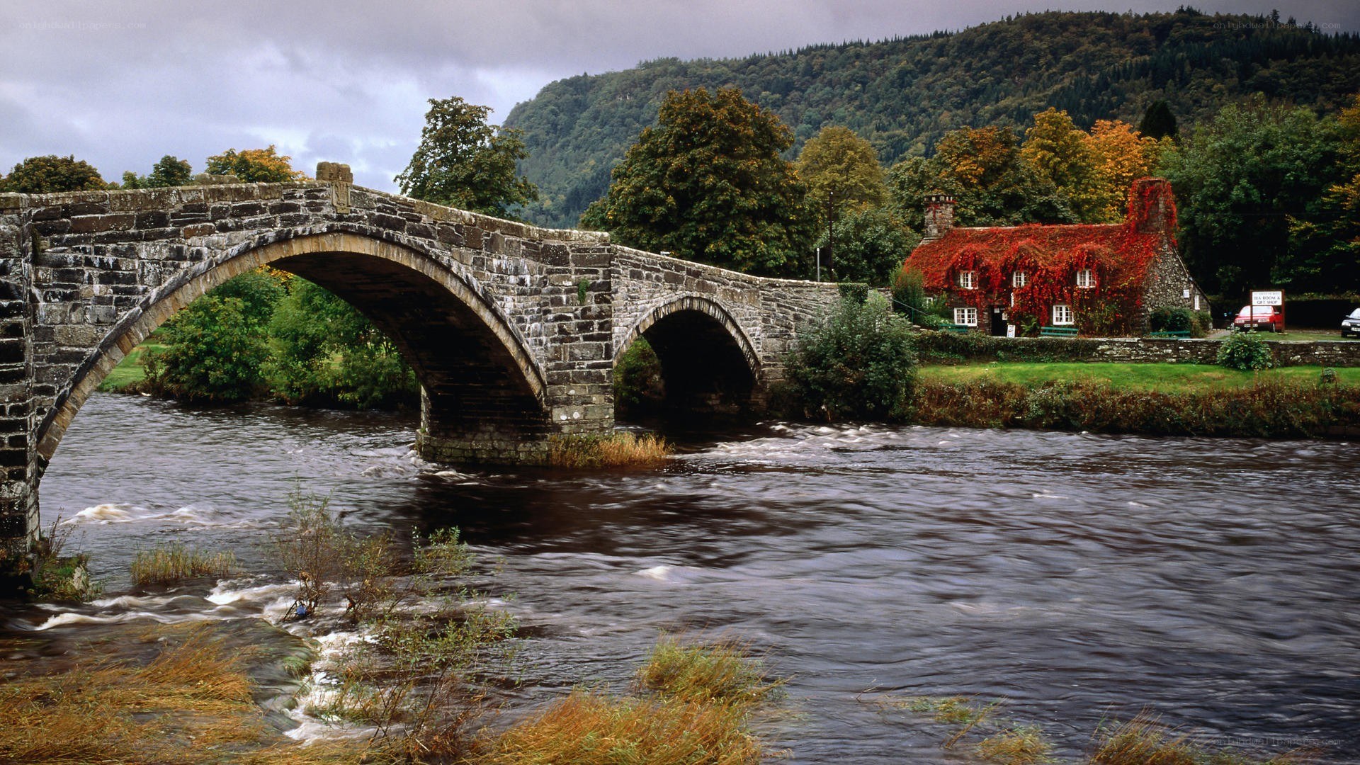 Stone bridge over river with cottage