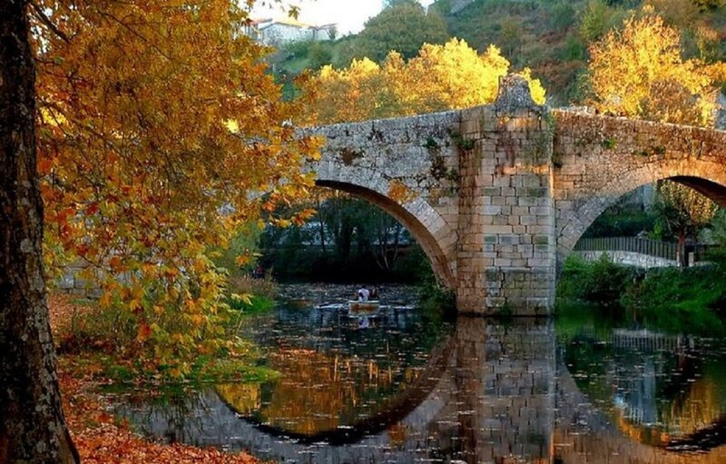 Stone Bridge over River — Yellow, Serene, Autumn, Photograph, Trees