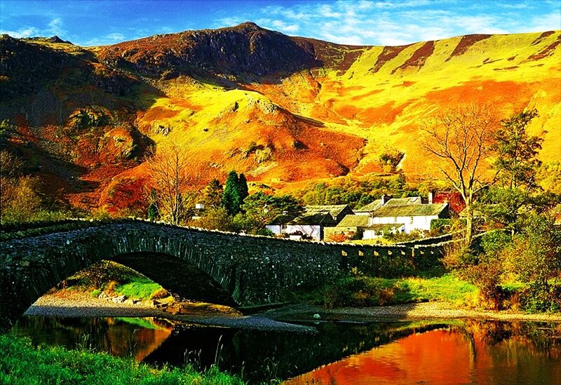 Stone Bridge over River — Yellow, Serene, Autumn